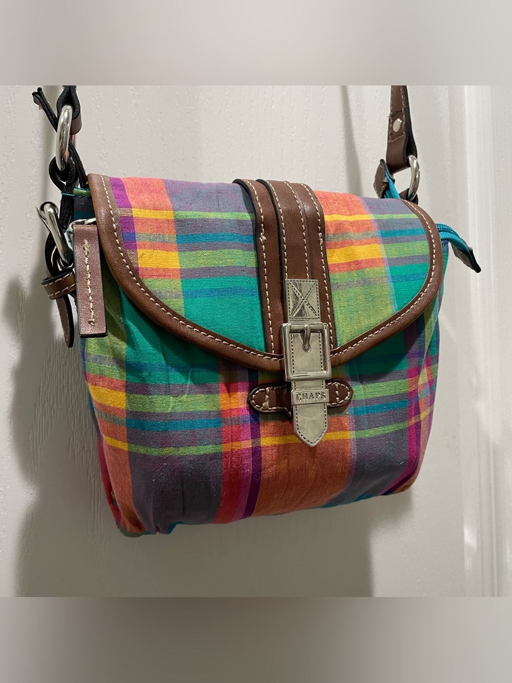 VTG Chaps Color Block Plaid Y2K Crossbody Bag Bifold Festival Boho Cabin-Chic 8"